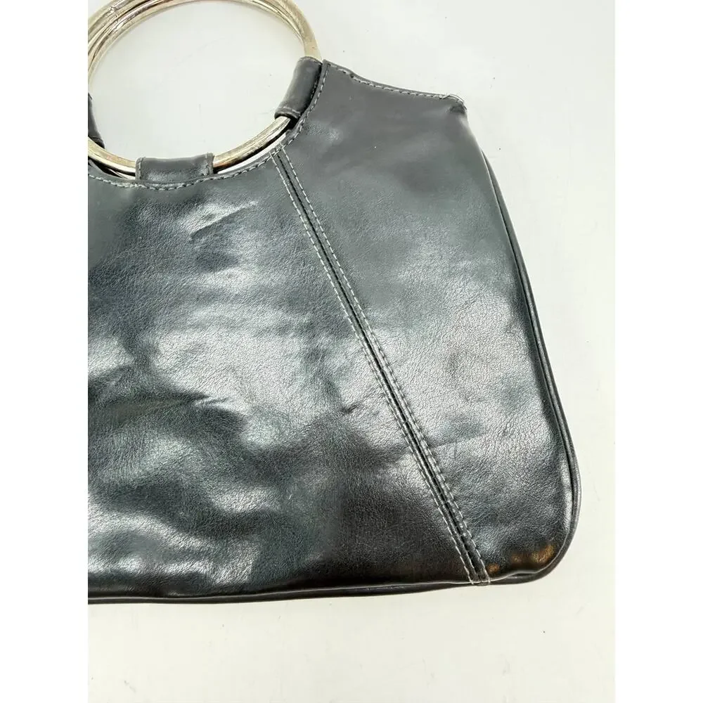Giannini Black Ring Handle Clutch Purse Faux Leather Evening Handbag